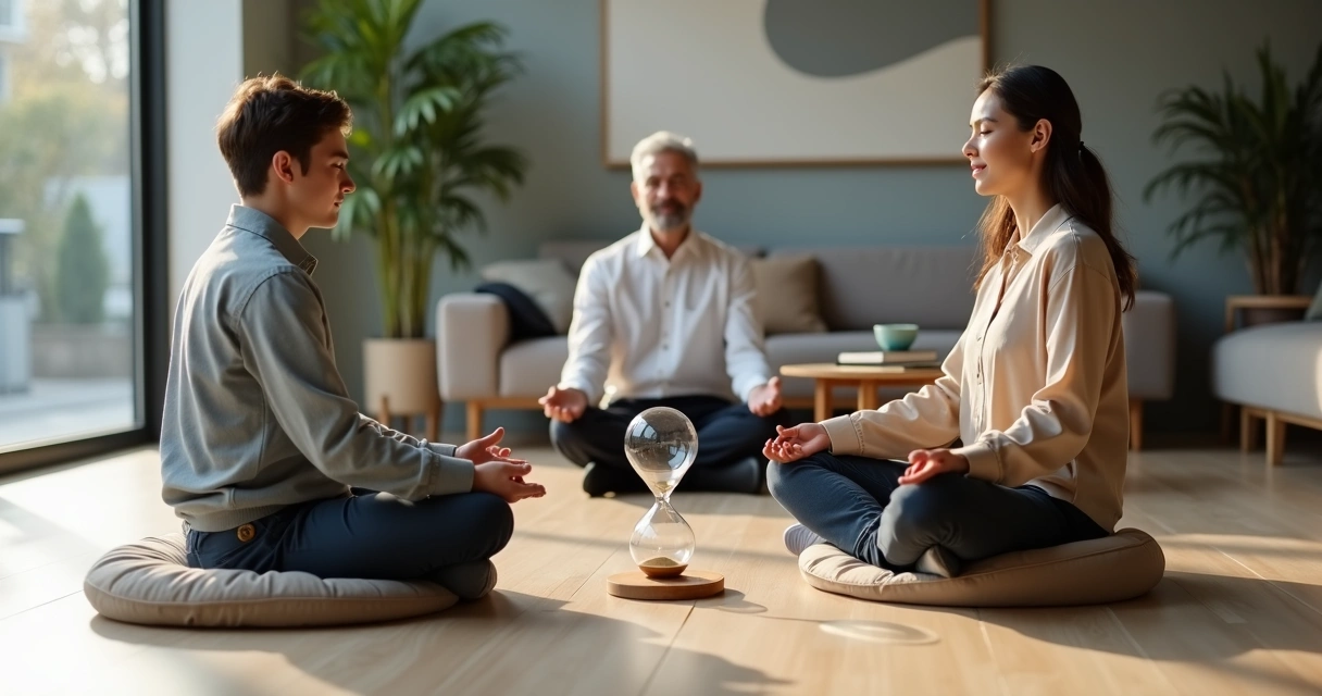 Jovem e pessoa mais velha meditanto lado a lado em sala de reunião moderna 
