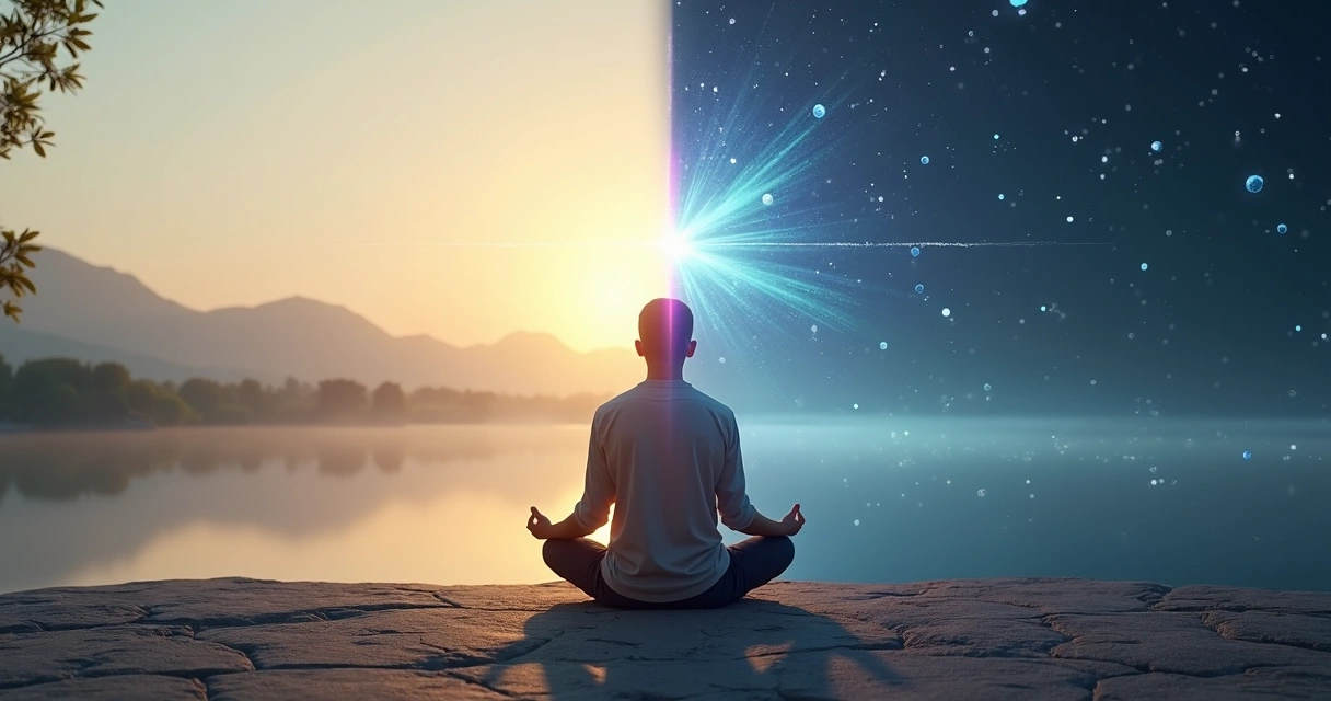 Pessoa meditando com metade do corpo ligada à natureza e metade a formas geométricas de energia 