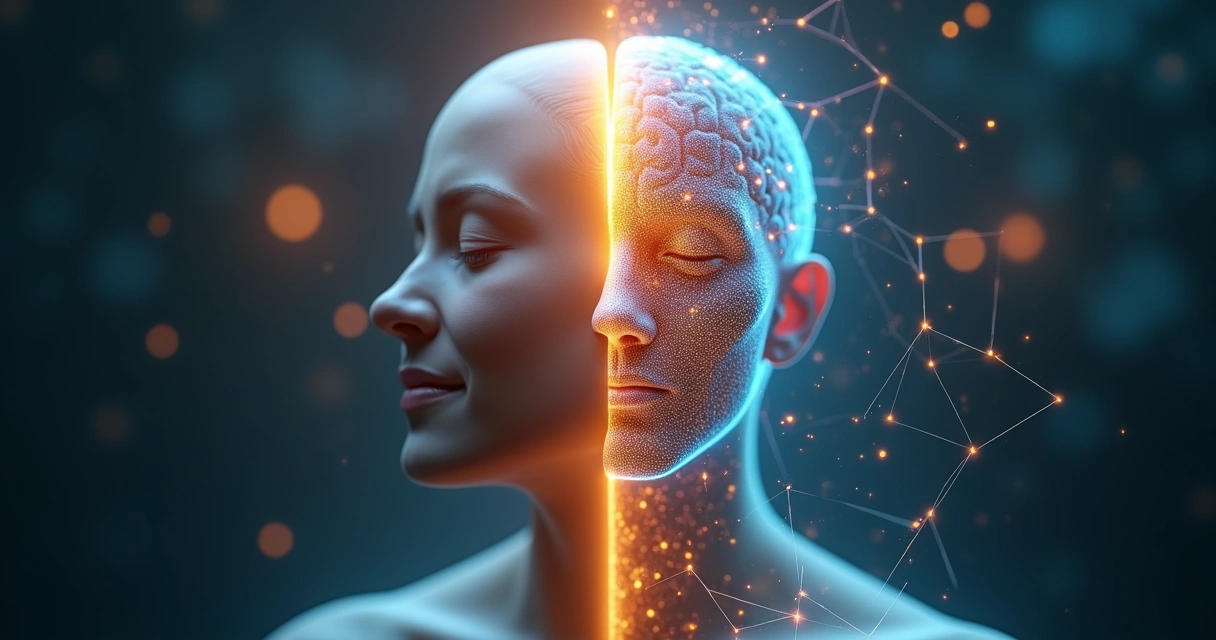 Cérebro humano com metade meditativa e metade tecnológica interligadas por luzes 