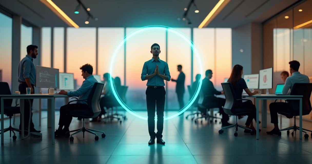 Profissional em escritório moderno cercado por painéis de luz representando foco e consciência 