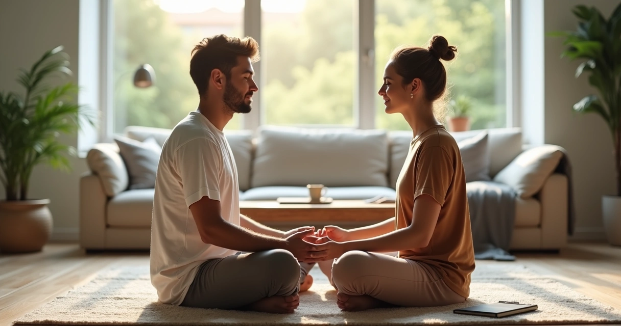 Couple sitting face to face practicing mindful connection 