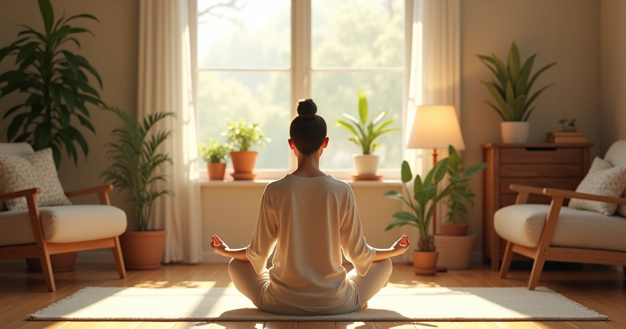 Person practicing mindfulness in a cozy living room