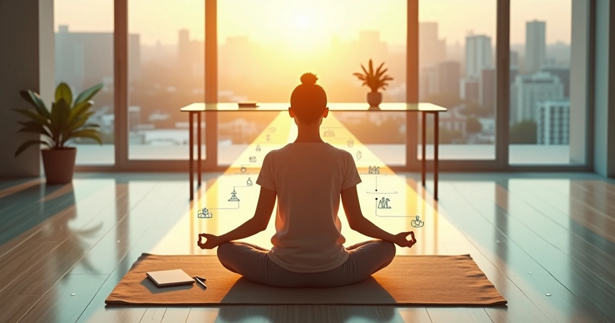 Pessoa meditando em escritório diante de encruzilhada com símbolos éticos 