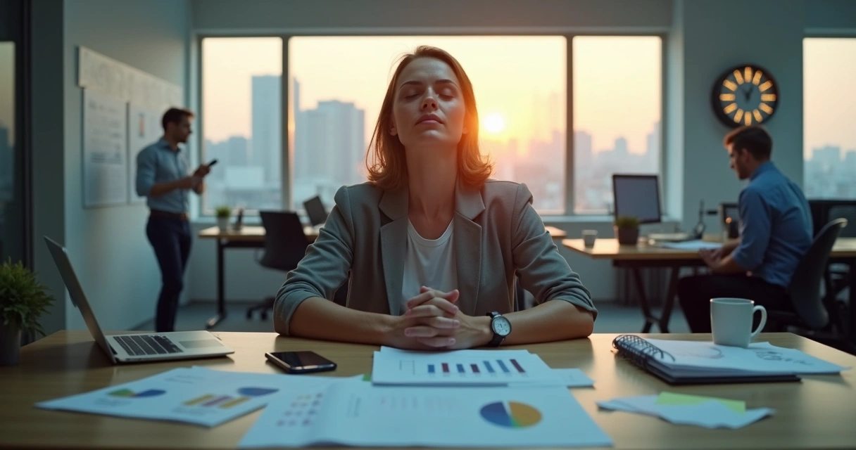 Profissional respirando com calma e foco em meio a ambiente de trabalho estressante 