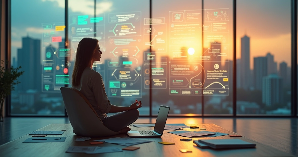 Pessoa meditando diante de painéis com gráficos e fluxos de decisão complexos 