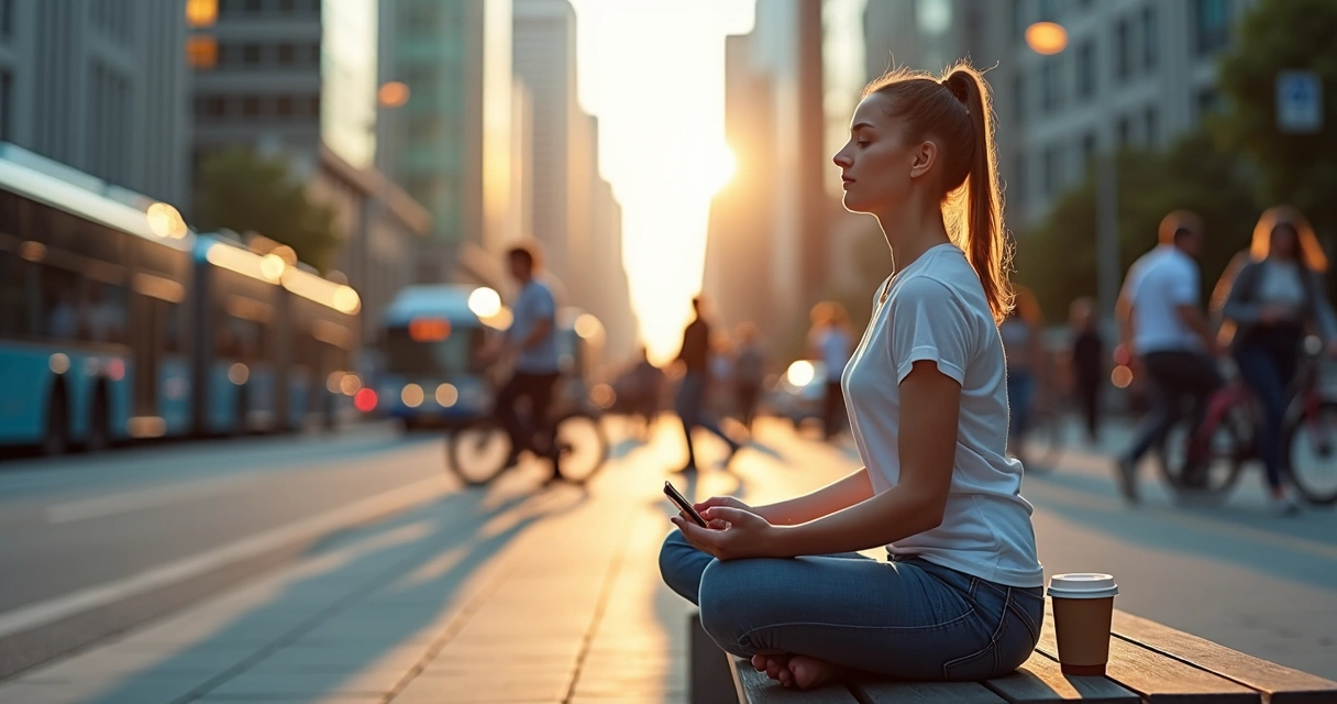 Pessoa praticando mindfulness em meio ao trânsito e rotina acelerada 
