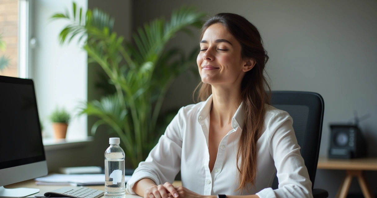 Ejecutiva practicando mindfulness al escritorio de la oficina 