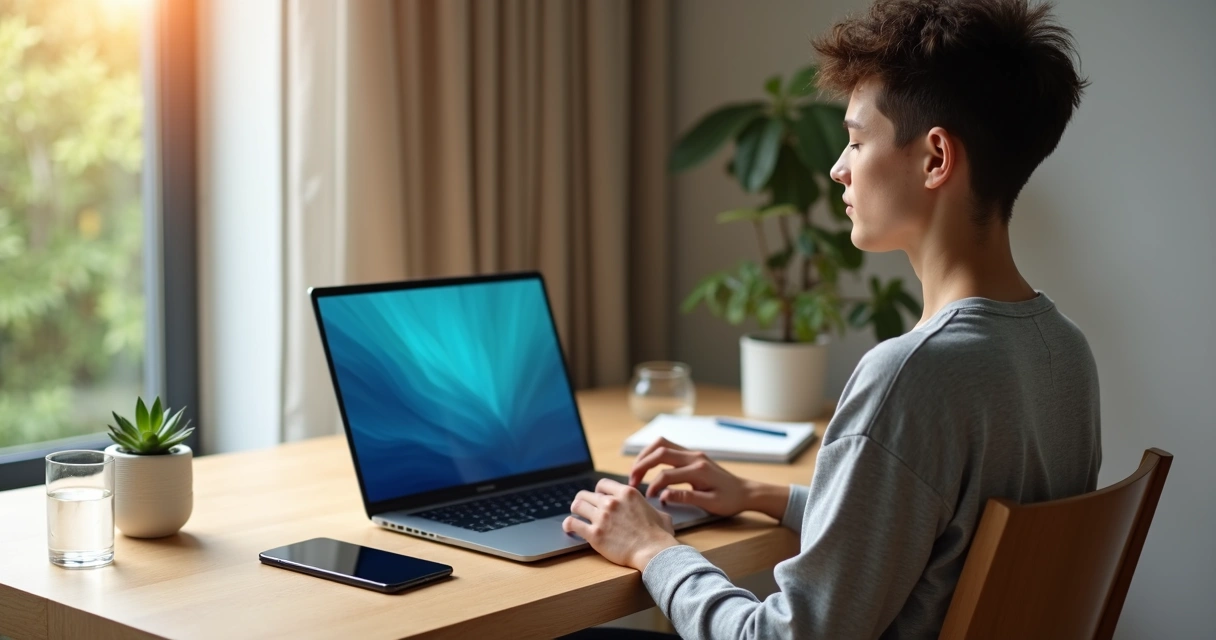 Persona practicando mindfulness digital frente al ordenador y al móvil apagado 