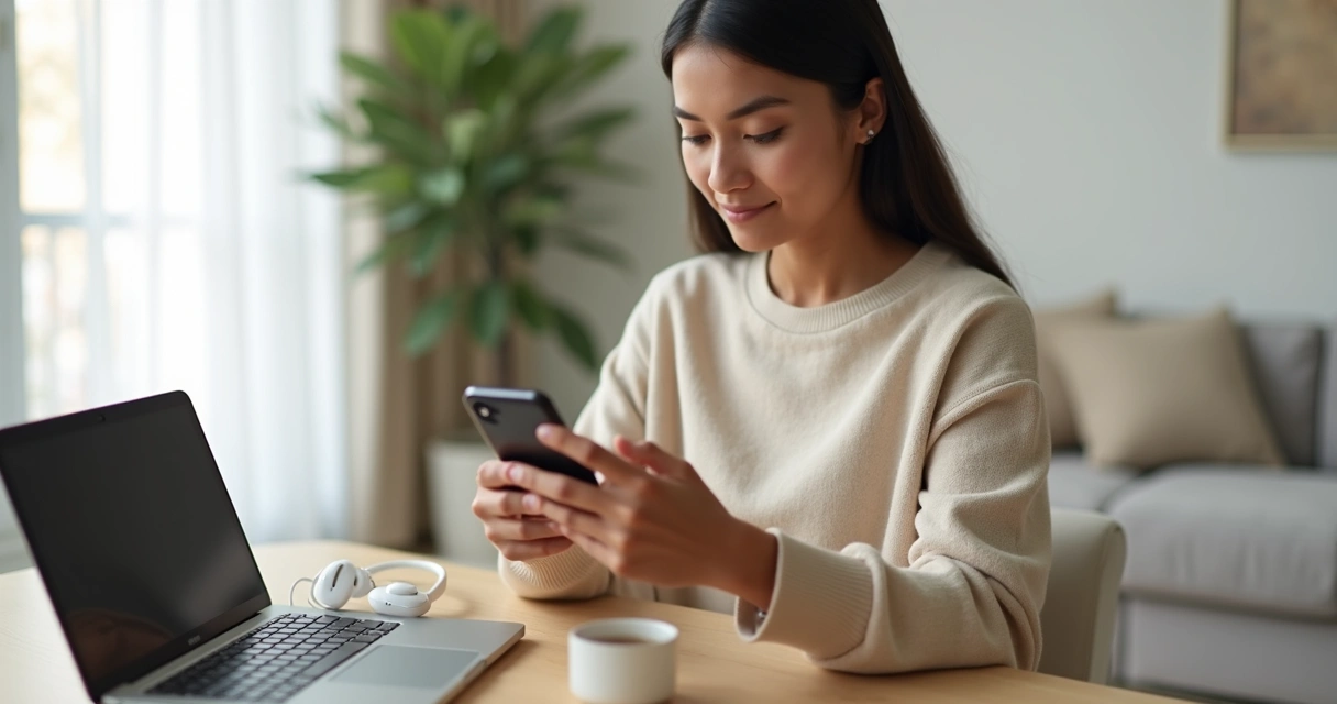 Pessoa usando smartphone com foco e calma em ambiente minimalista 
