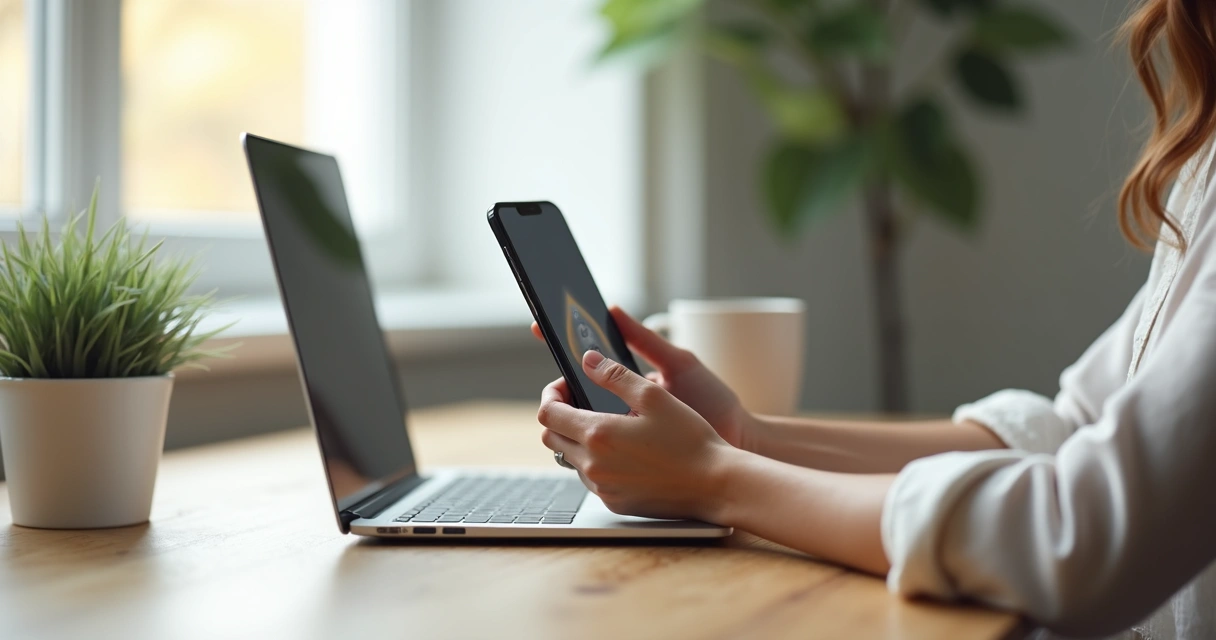 Pessoa usando smartphone com foco e calma em ambiente minimalista 
