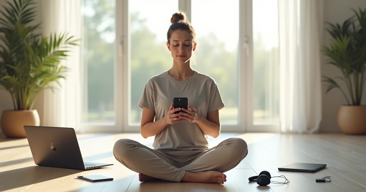 Persona usando un smartphone con calma frente a una ventana luminosa 