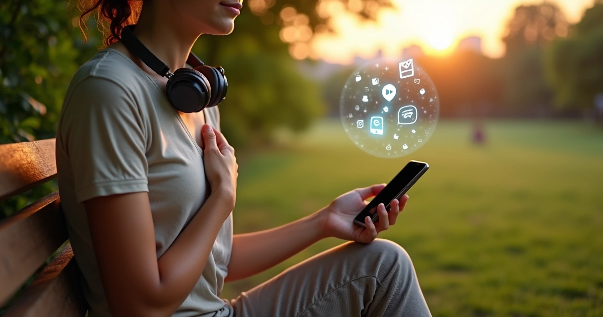 Persona sentada al aire libre con móvil apagado y auriculares junto a símbolos digitales flotando 