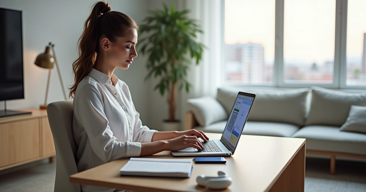 Profissional em home office praticando mindfulness digital diante do notebook 