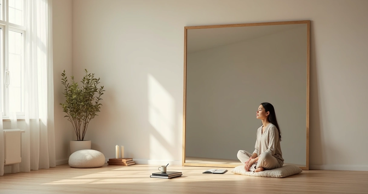 Pessoa sentada em meditação diante de um espelho grande, unindo mindfulness e autorreflexão 