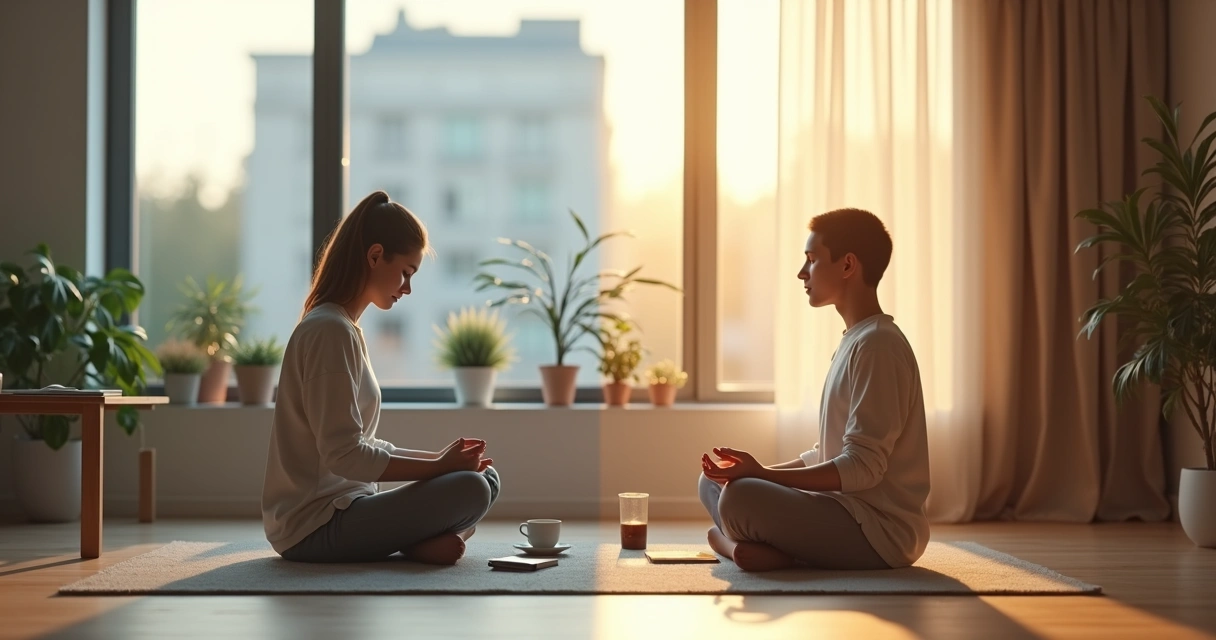 Pessoa praticando mindfulness e meditação em lados opostos de um mesmo cenário 
