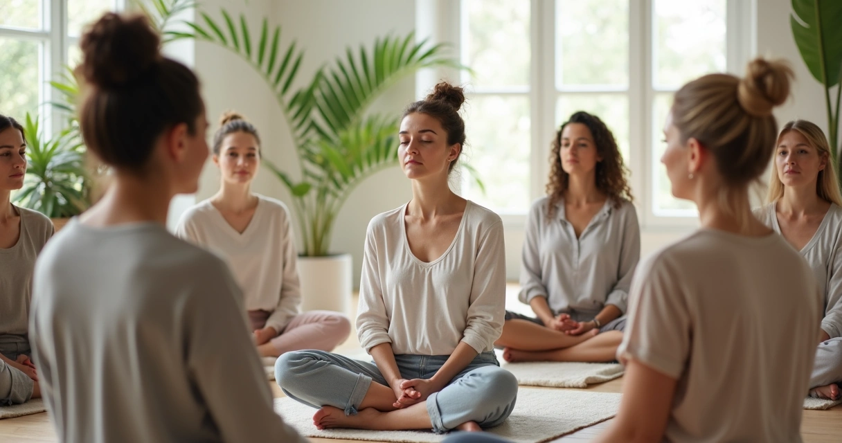 Mulheres praticando mindfulness sentadas em círculo
