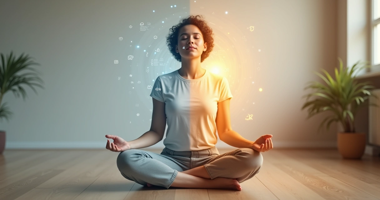 Person meditating with half digital brain and half glowing body outline 