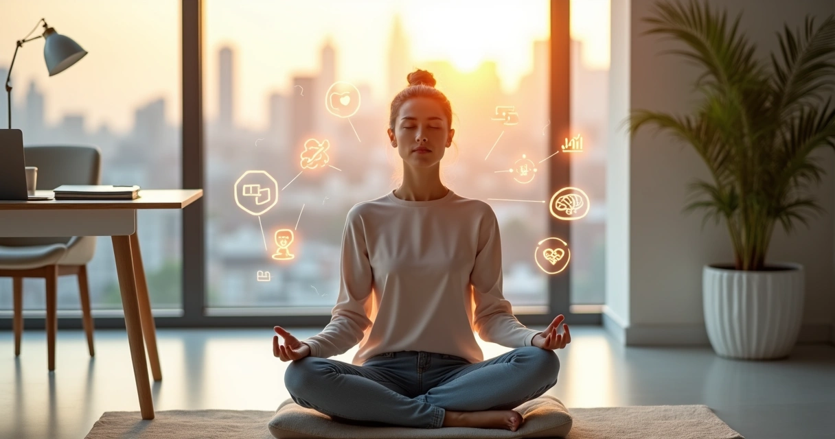 Person meditating in a modern office blending mindfulness and emotional intelligence 