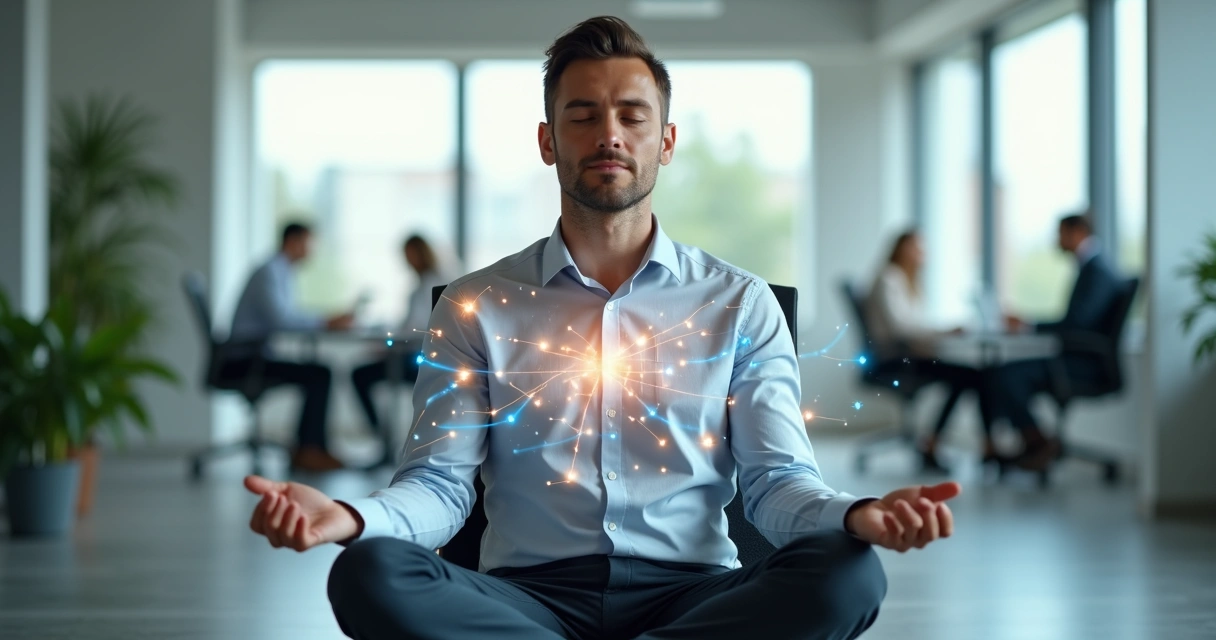 Business leader meditating in modern office with glowing mind connection overlay 