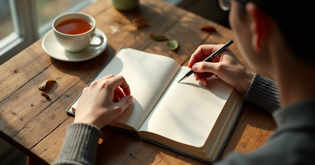 Person in quiet reflection with journal and cup of tea on wooden table