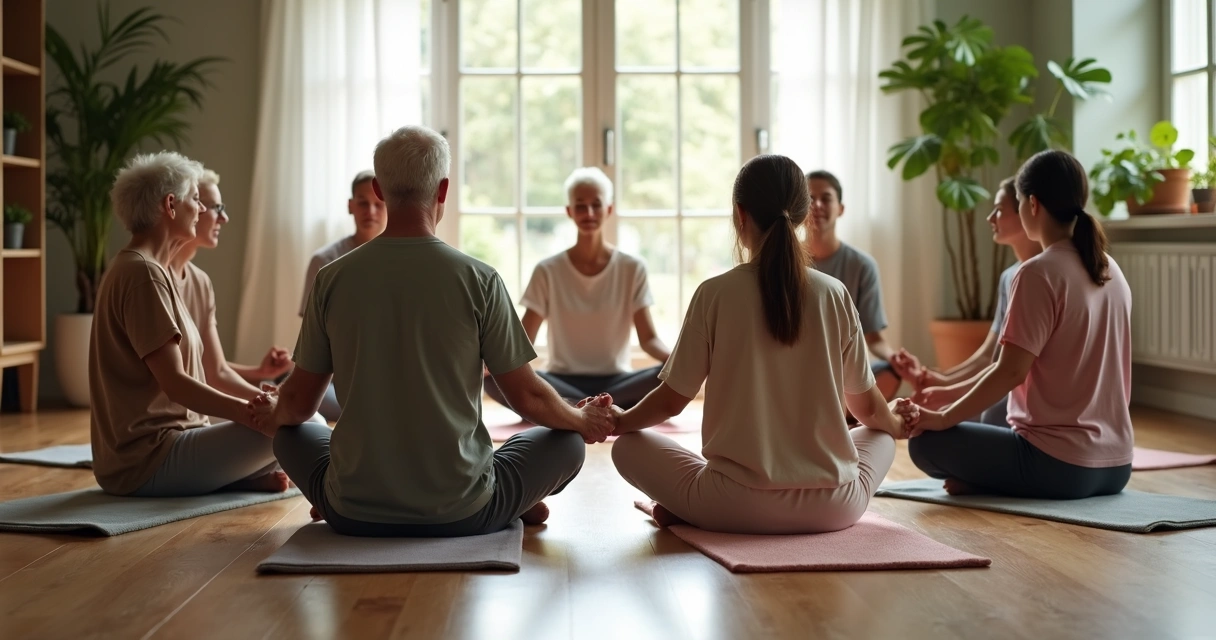 Pessoas de diferentes idades sentadas em círculo em ambiente calmo, praticando mindfulness