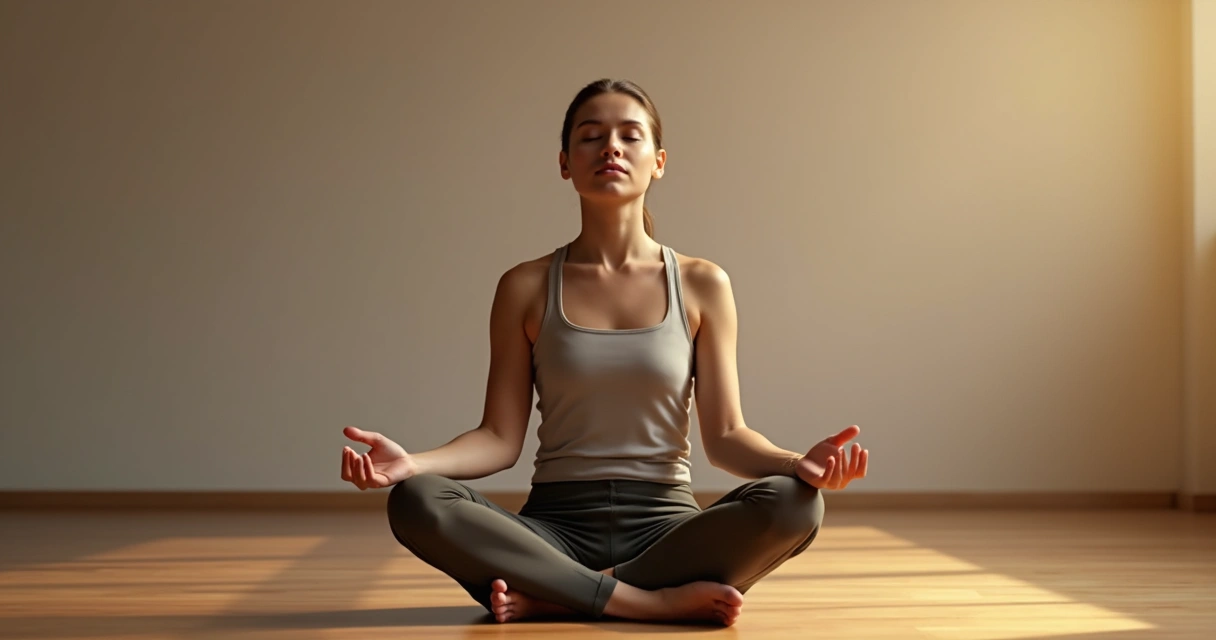 Pessoa sentada em posição de meditação com olhos fechados e expressão tranquila