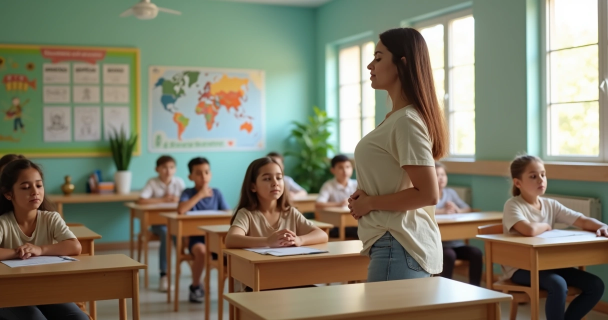 Professor guiando alunos em atividade de mindfulness em sala de aula 