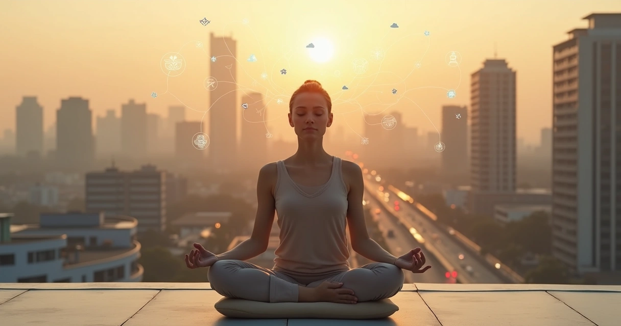 Pessoa meditando em ambiente urbano com cidade desfocada ao fundo 