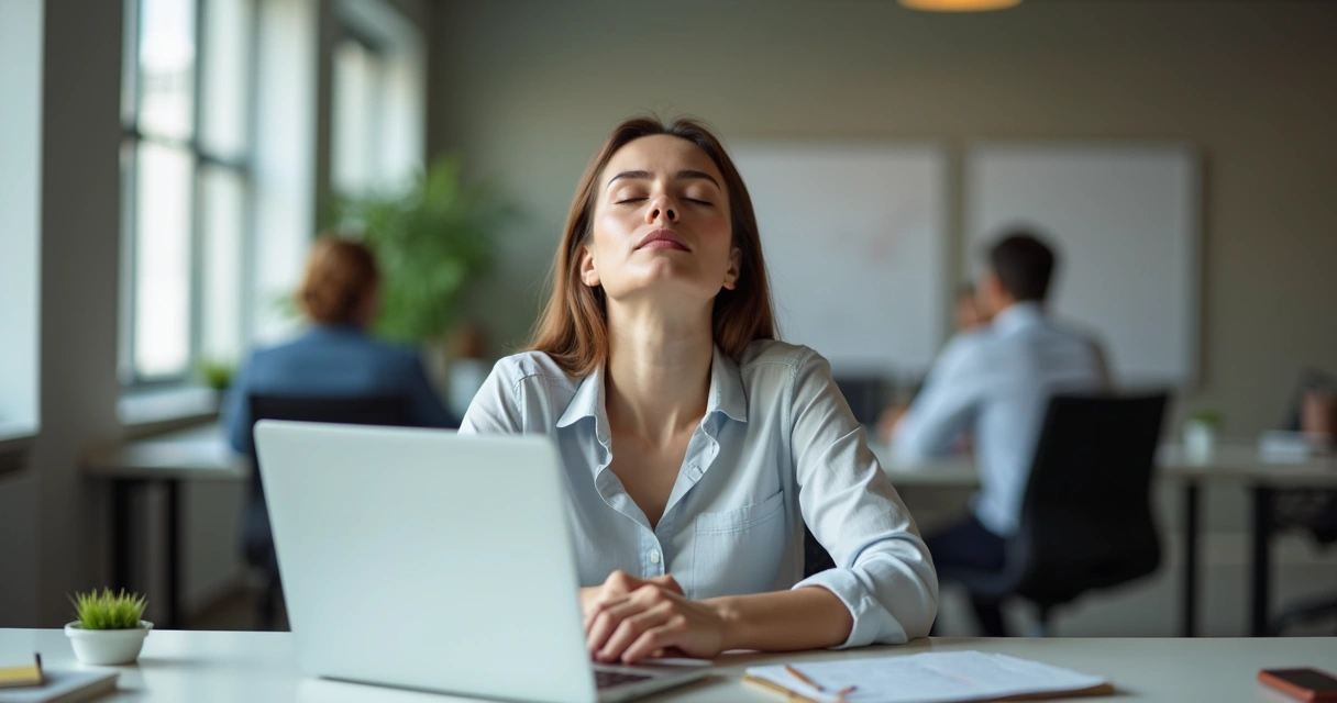 Pessoa com olhos fechados respirando fundo em frente ao notebook em ambiente de escritório tranquilo 