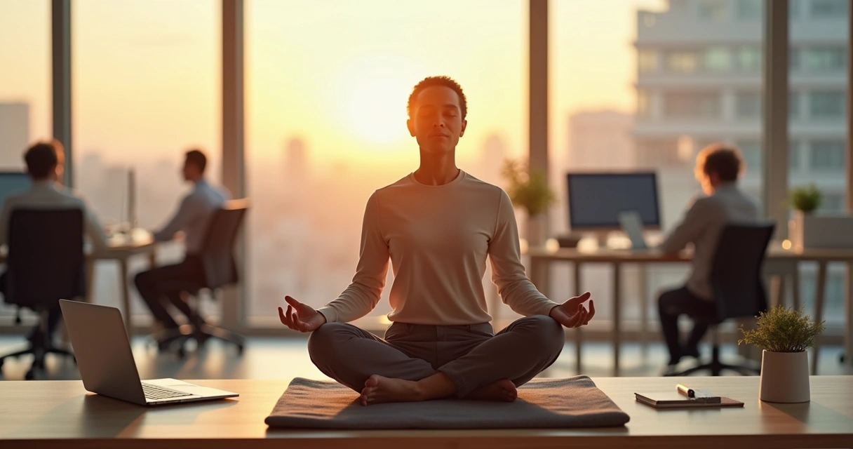 Profissional meditando em posição de lótus em escritório moderno e calmo 