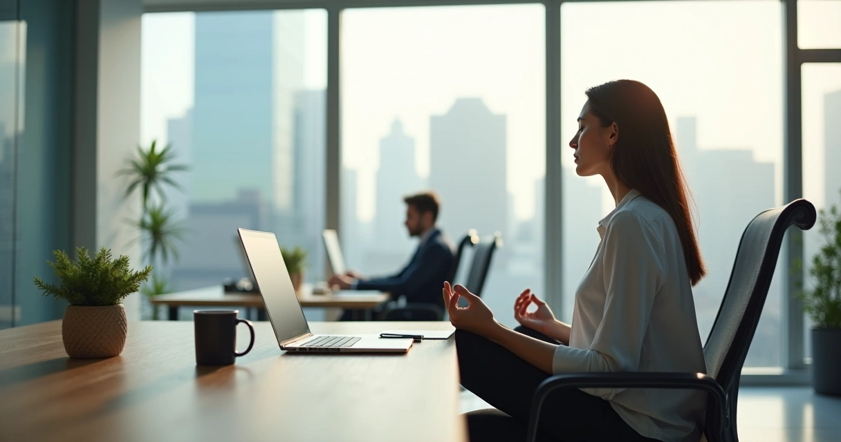 Profissional em escritório praticando mindfulness diante do computador 