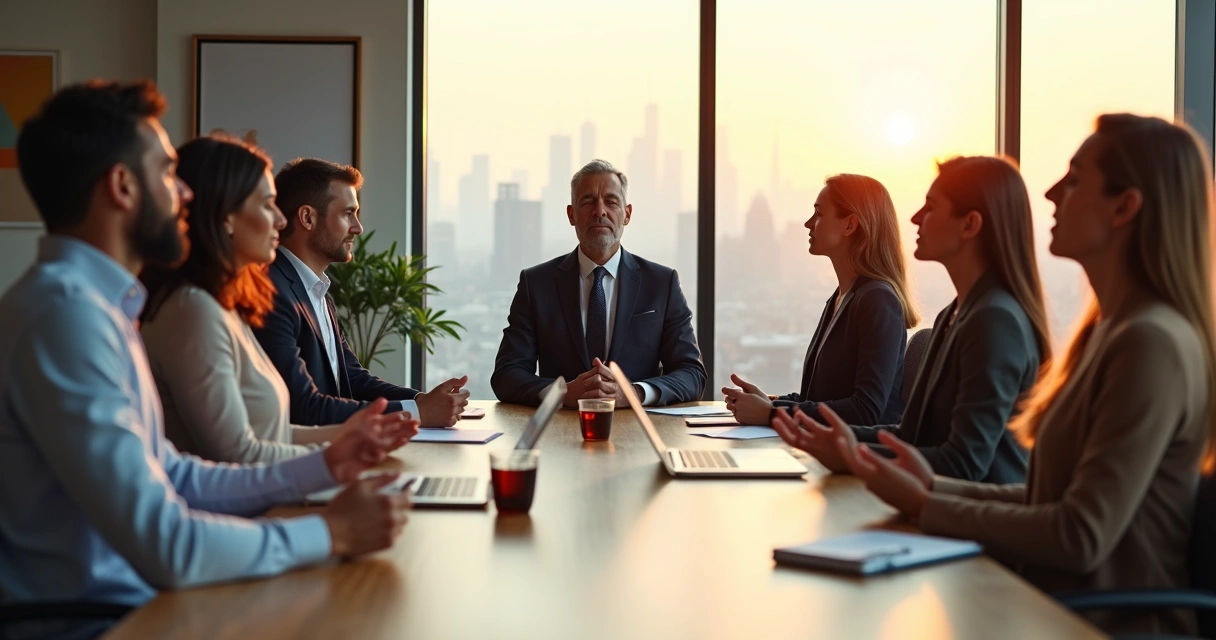 Equipo directivo meditando en sala de juntas moderna 