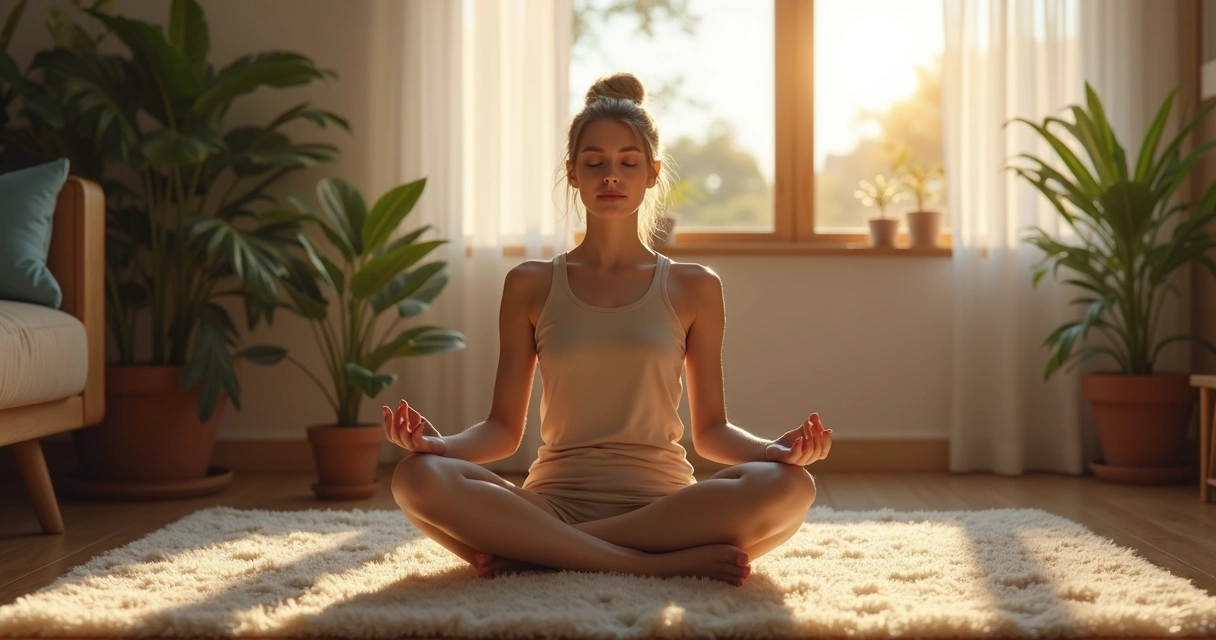 Peaceful person sitting cross-legged in a living room filled with soft light, eyes closed in meditation.