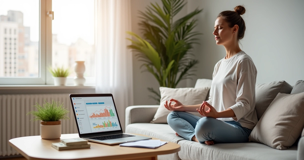 Pessoa meditando em frente a planilha financeira em ambiente calmo e organizado 