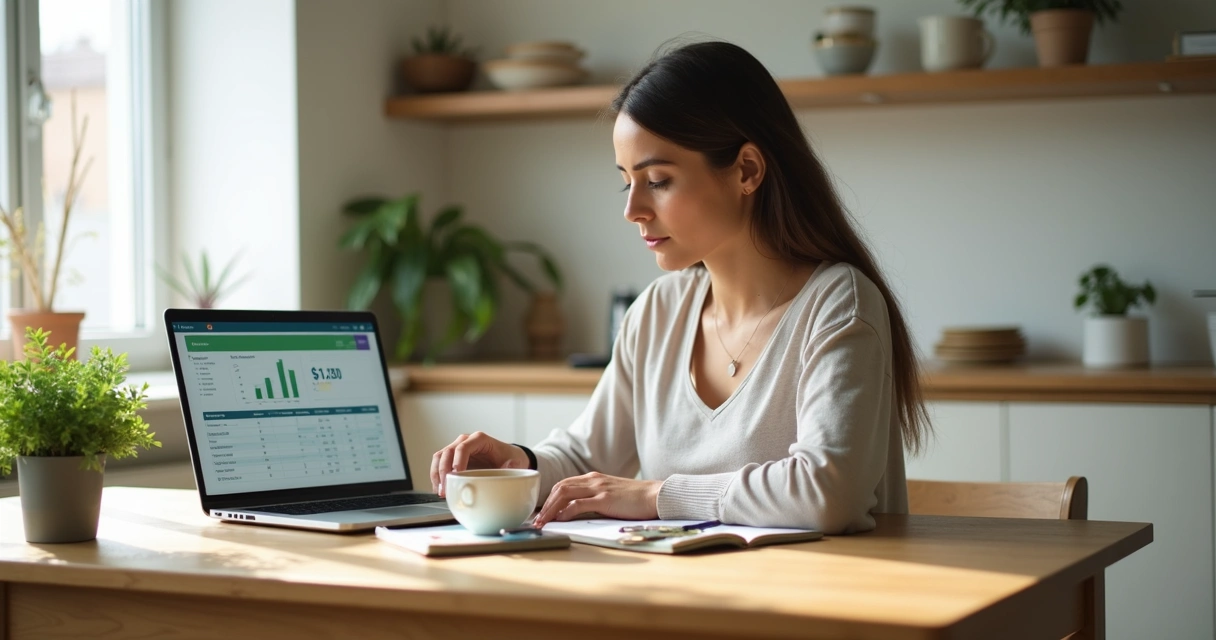 Pessoa analisa finanças com calma e atenção plena à mesa 