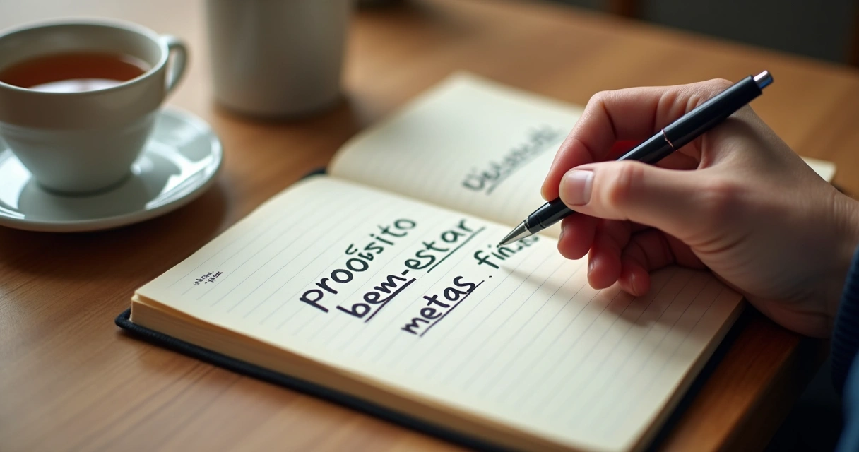 Caderno com valores escritos e pessoa refletindo sobre suas metas 