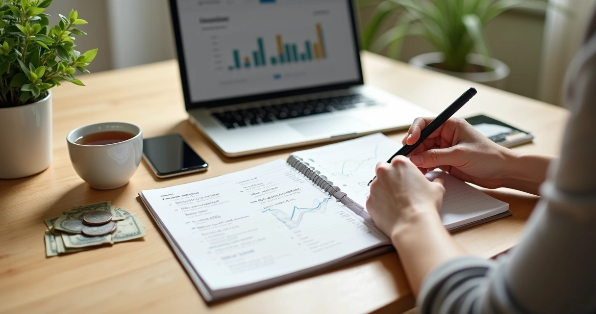 Pessoa organizando finanças com caderno, notebook e dinheiro sobre a mesa 