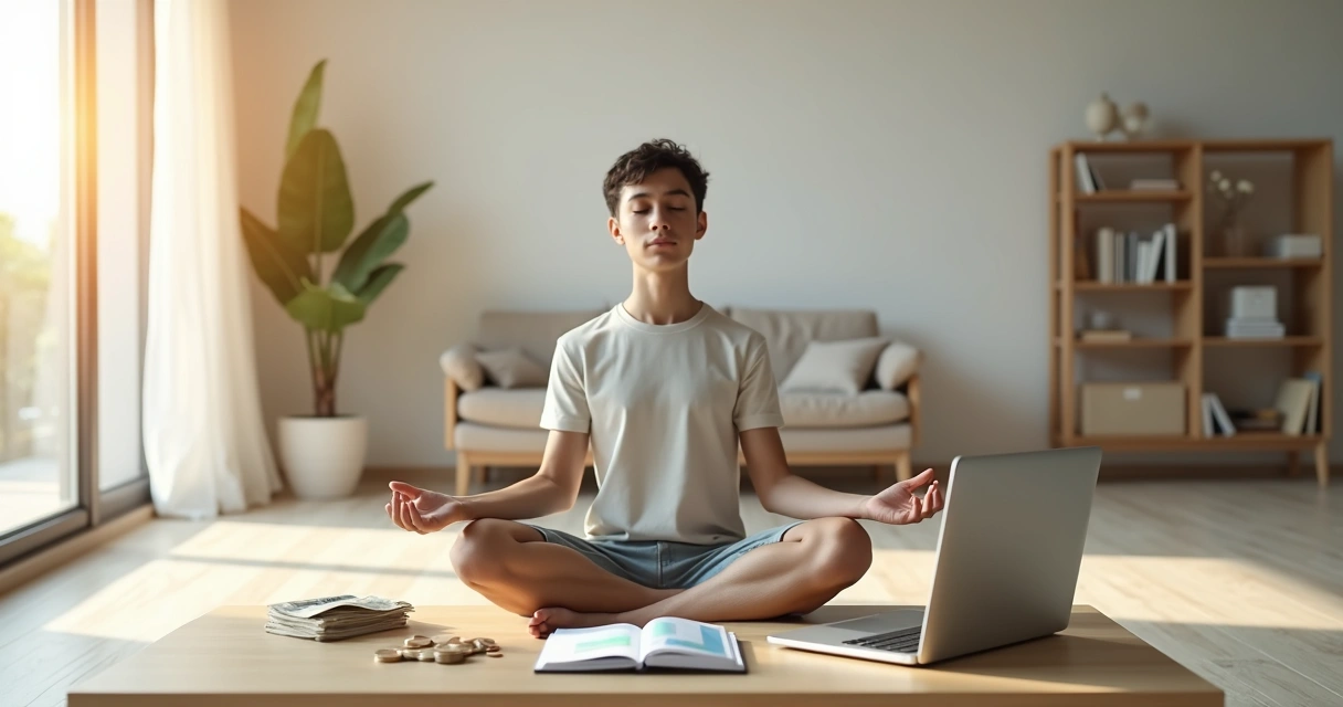 Persona meditando frente a una mesa con dinero y gráficos financieros 