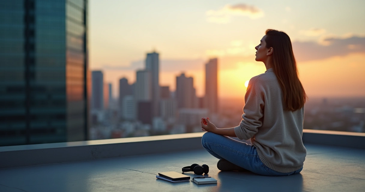 Thoughtful person on a city rooftop at sunset practicing mindful breathing 