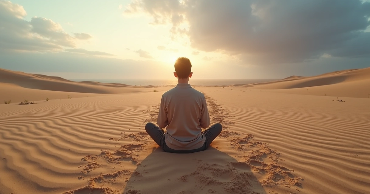 Person meditating in desert split between calm patterns and chaotic footprints 