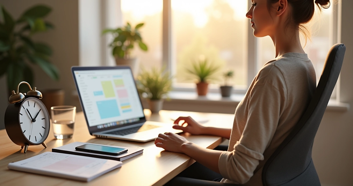 Pessoa sentada em frente ao laptop meditando com agenda e relógio na mesa 