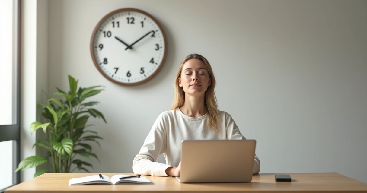 Pessoa tranquila meditando em frente a um relógio grande e um notebook sobre a mesa 