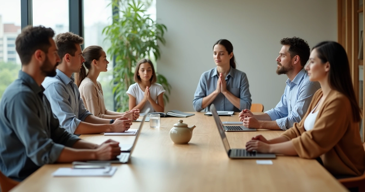 Grupo diverso de pessoas conectadas em prática de respiração consciente ao redor de mesa grande 
