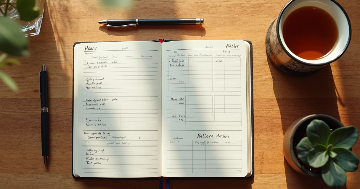 Open notebook with habit tracker and cup of tea on wooden table 