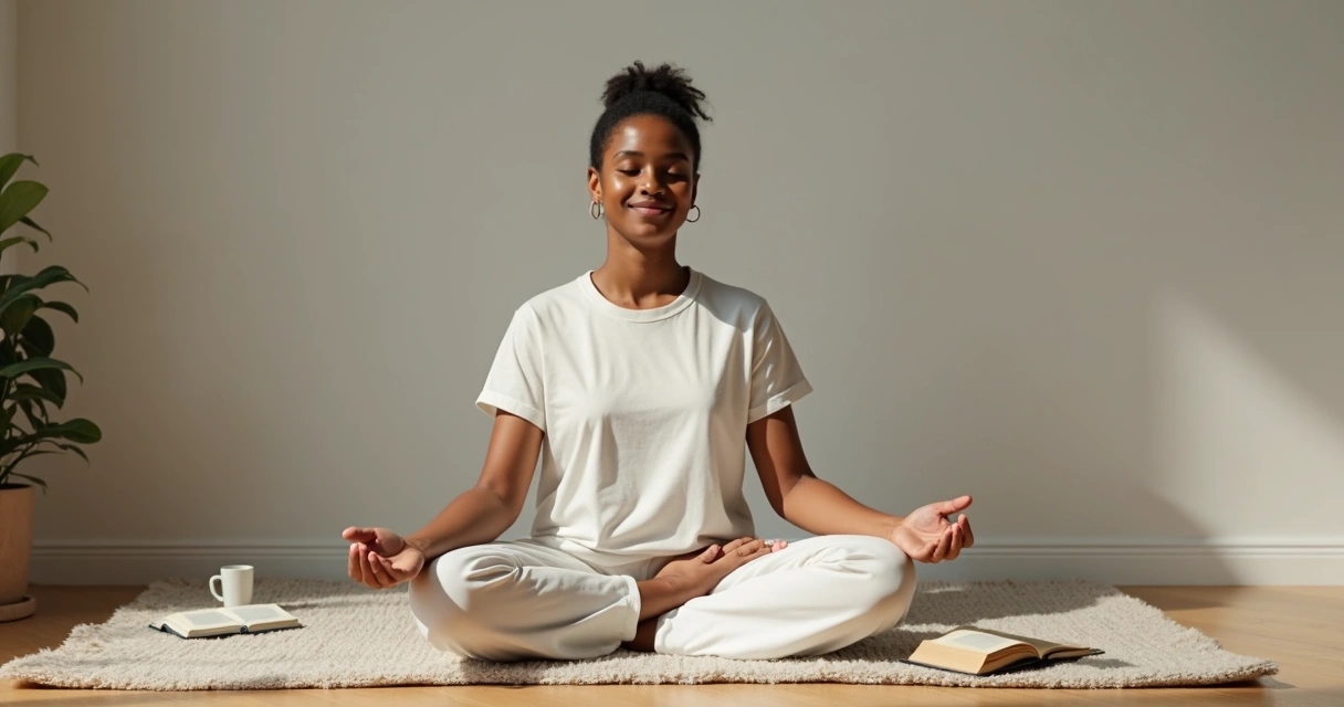 Pessoa sentada em posição de meditação, olhos fechados, ambiente calmo e suave, sensação de autoacolhimento 