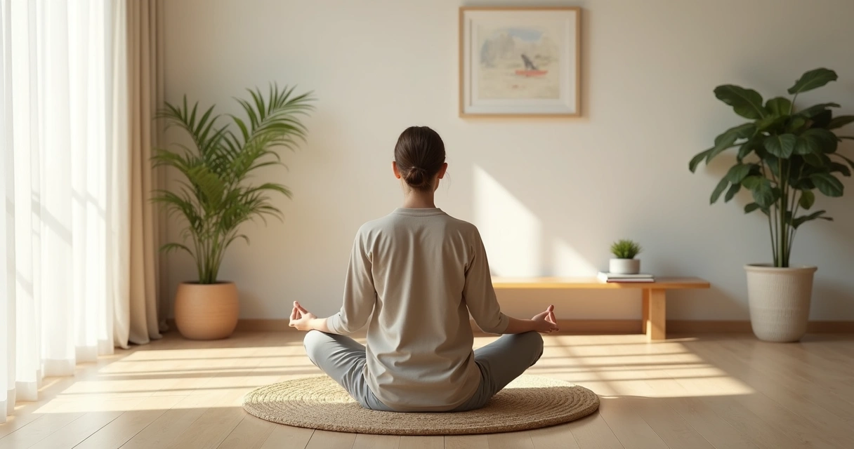 Pessoa sentada em meditação em sala clara com luz natural e plantas 