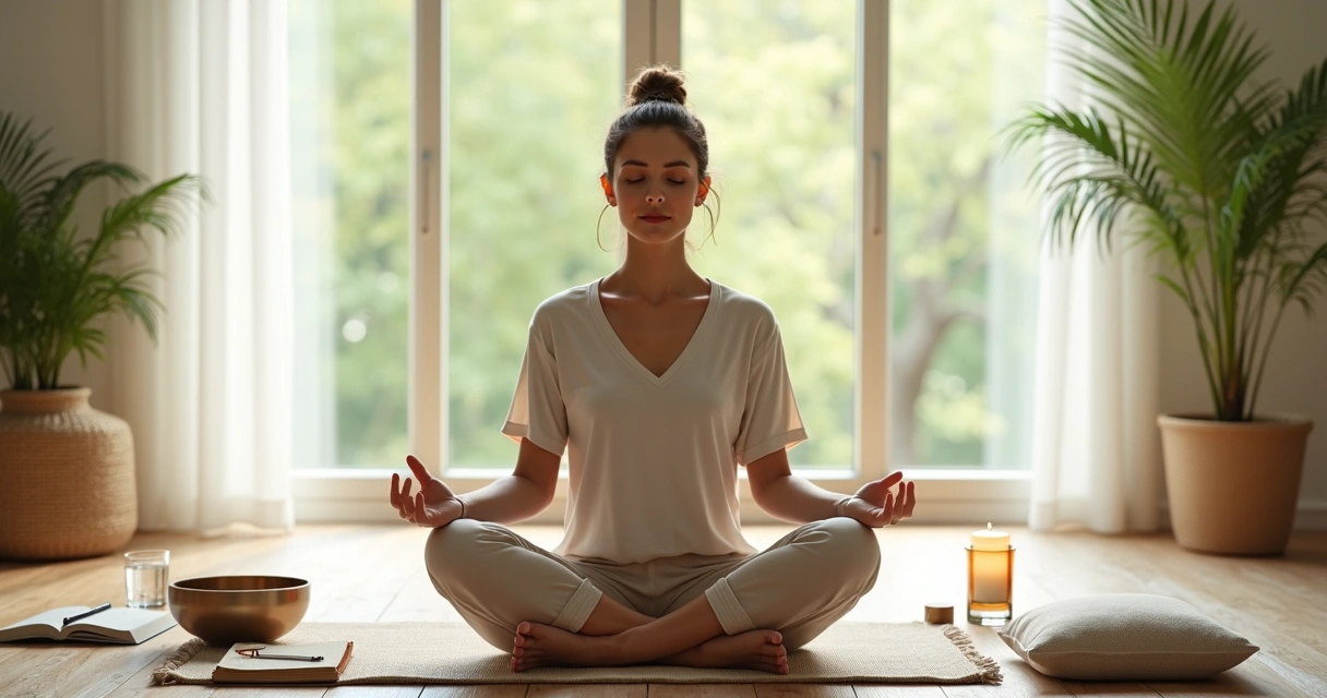 Mulher sentada em posição de meditação em sala iluminada com elementos naturais 