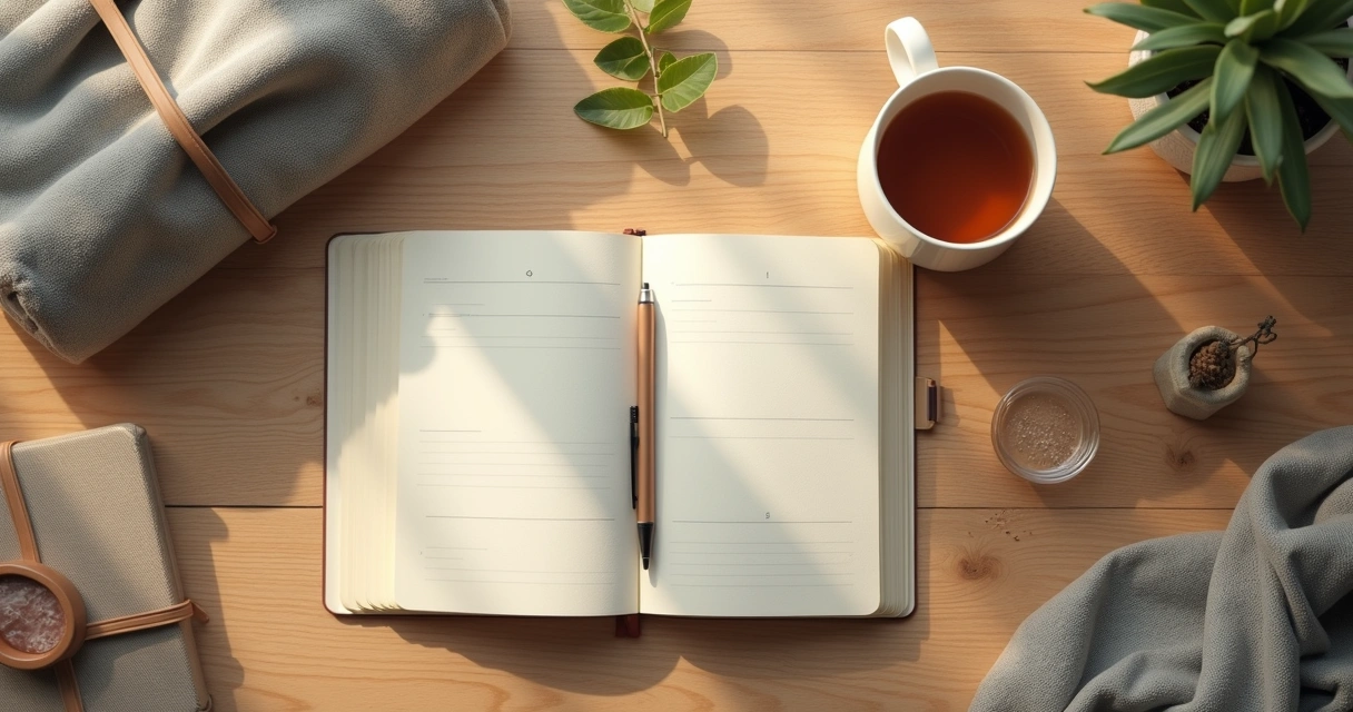 Notebook, tea cup, and calm desk setup for a mindfulness routine 