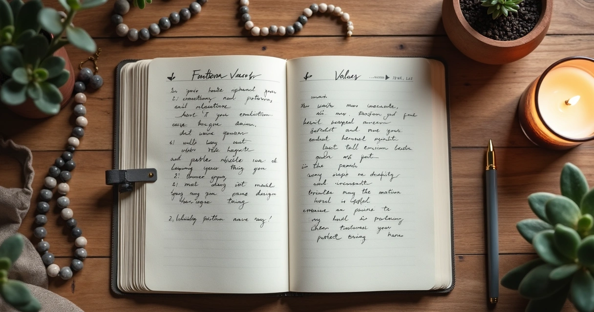 Open journal with handwritten notes, surrounded by calming objects, a candle, meditation beads, and a plant.