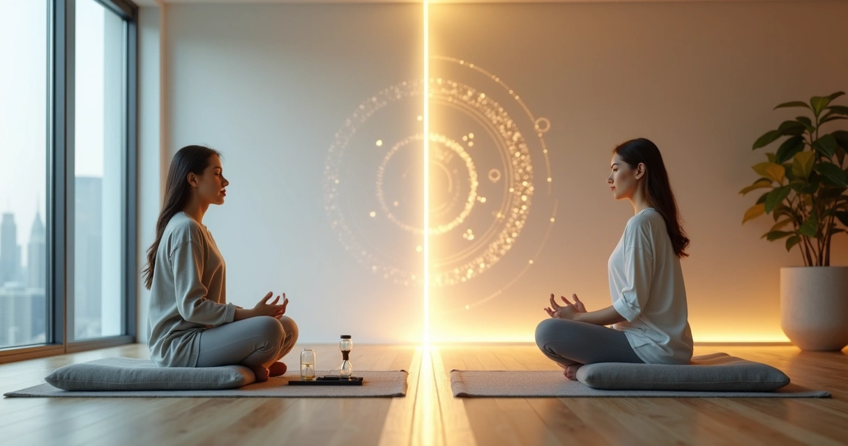 Comparação visual entre prática de mindfulness e meditação marquesiana em mesma cena 